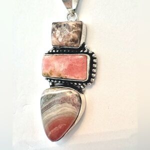 Beautiful, 2 inch, 3 stone, Rhodochrosite gemstones on a silver chain.